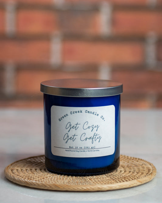 10 oz Blue Tumbler with Get Cozy, Get Crafty fragrance