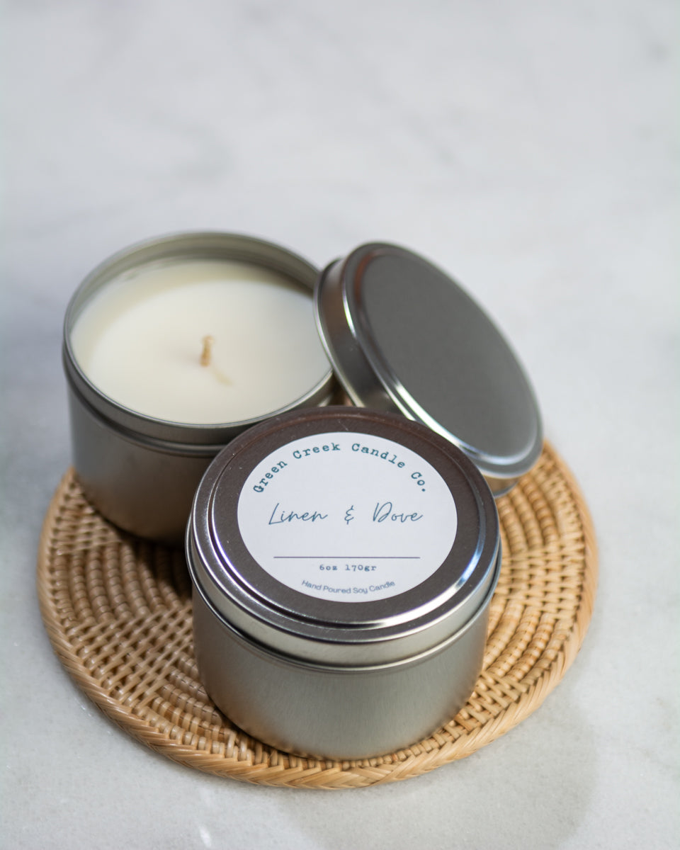 6 oz Tin with Linen & Dove fragrance